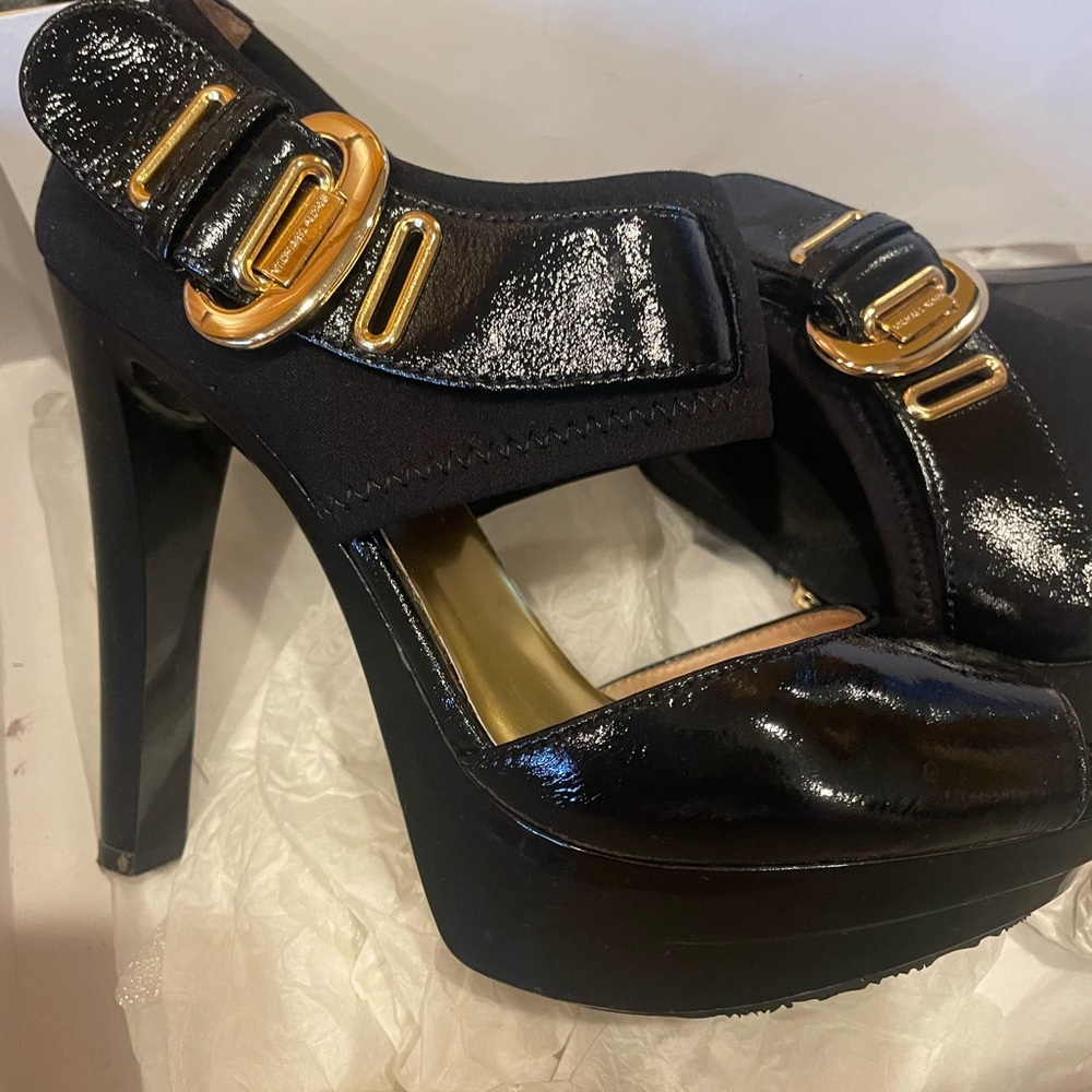 MICHAEL Michael Kors Black Heels with Gold Buckles
